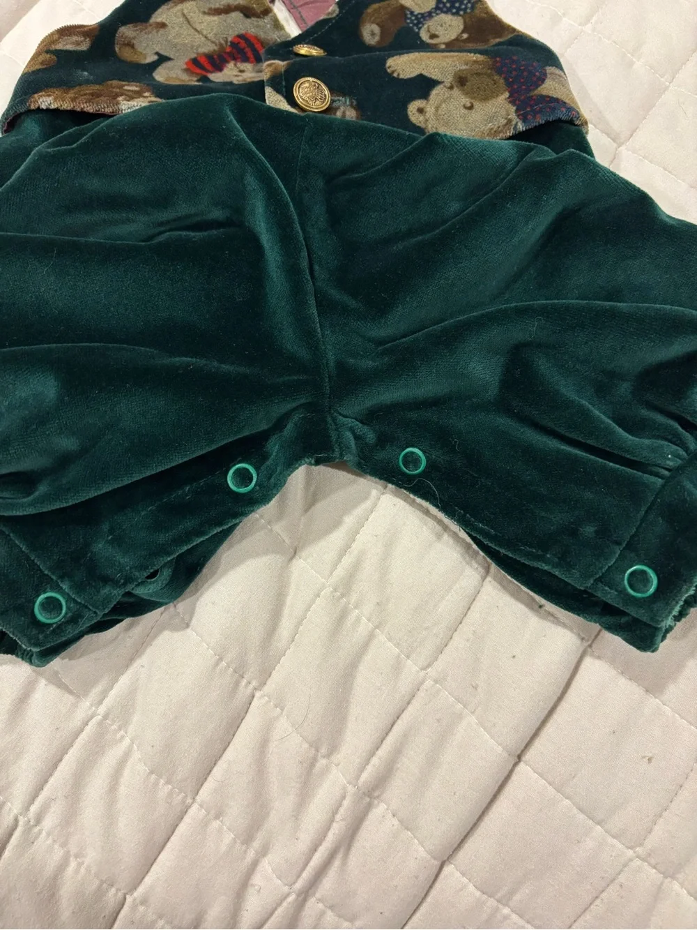 Good Lad Vintage Baby Christmas Velvet Romper Green Teddy Bear Print USA 12M